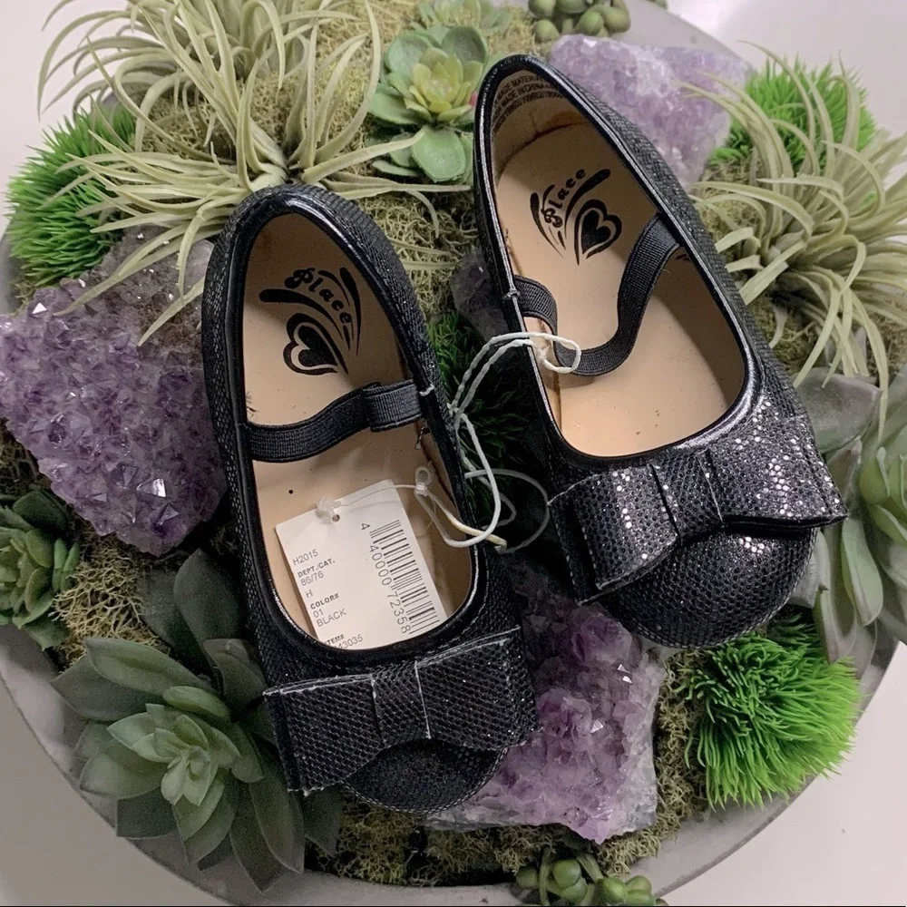the children’s place black shimmer bow ballet flat toddler shoes new w tags